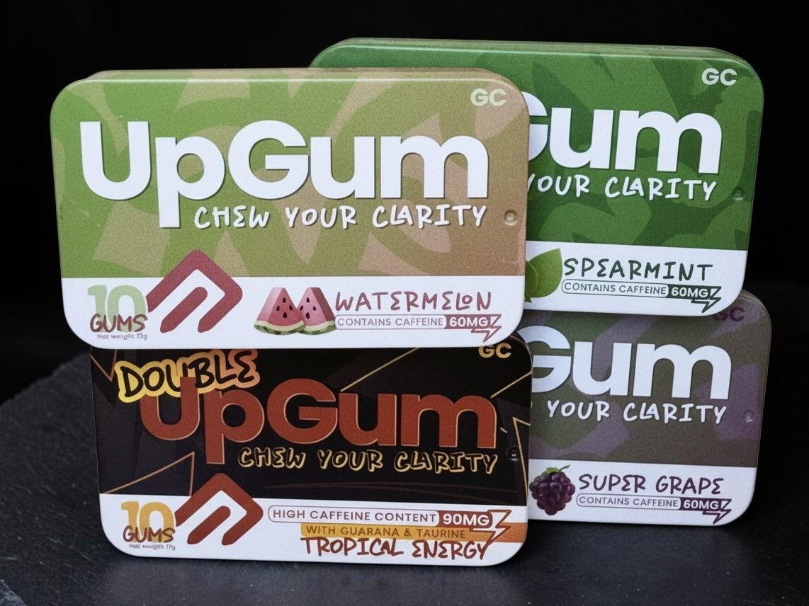 UpGum tins in Watermelon, Spearmint, Double Tropical Energy and Super Grape