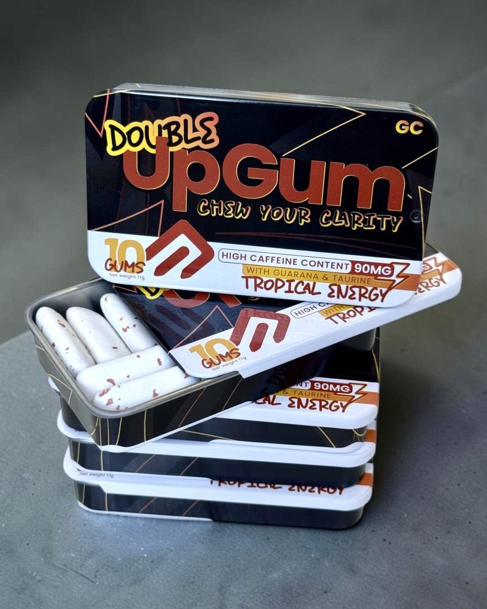 Five Double Tropical Energy UpGum tins, one open